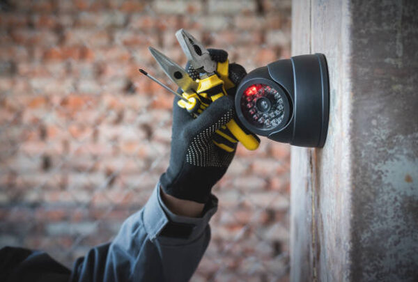 istockphoto-1322379963-612x612 Security camera on the wall close up and worker hand with a work tools. Video surveillance system maintenance concept.