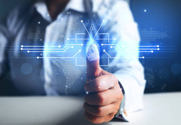 istockphoto-1306996399-612x612 Woman using fingerprint indentification to personal access. Biometrics security, E-kyc, innovation technology concept